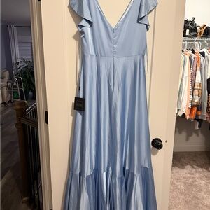 Mac Duggal Light Blue Satin V‑Neck Maxi Gown with Flutter Sleeves